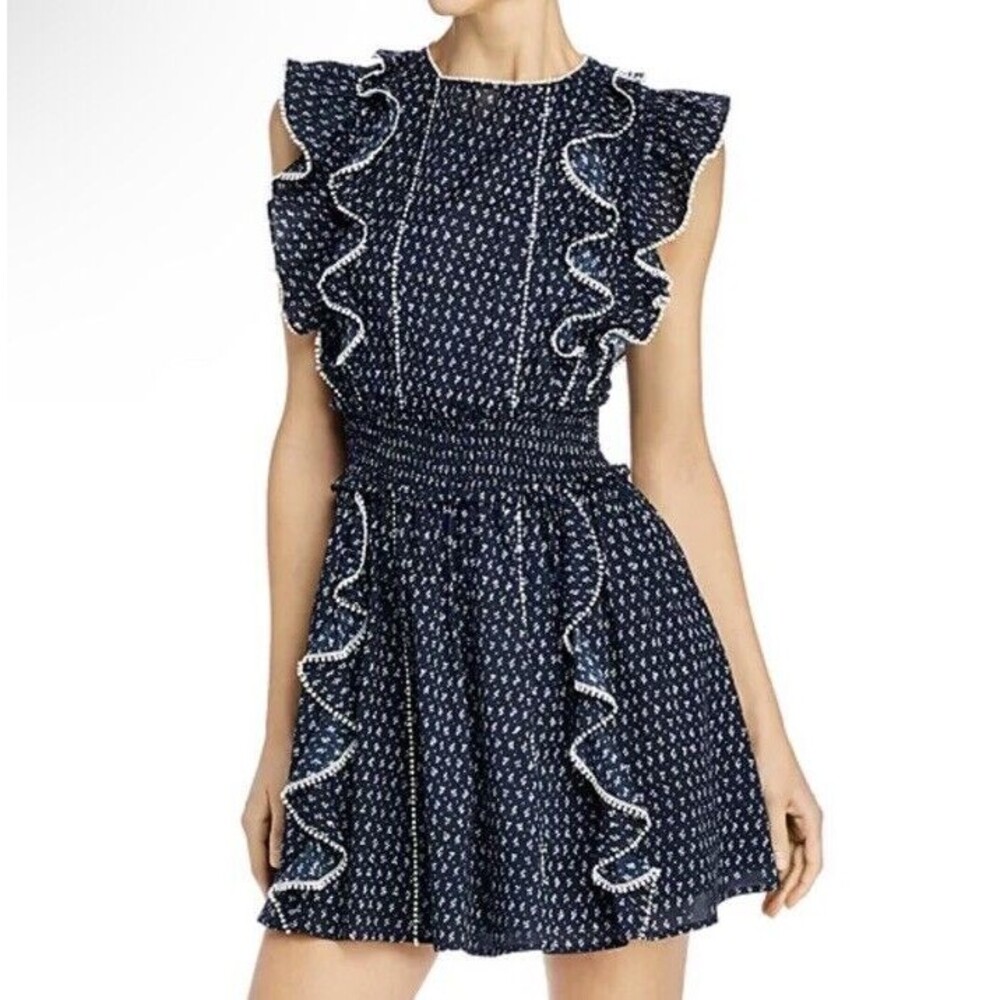Rebecca Taylor La Vie Ikat Leaf Navy Blue Ruffle Mini Dress Smocked Size medium